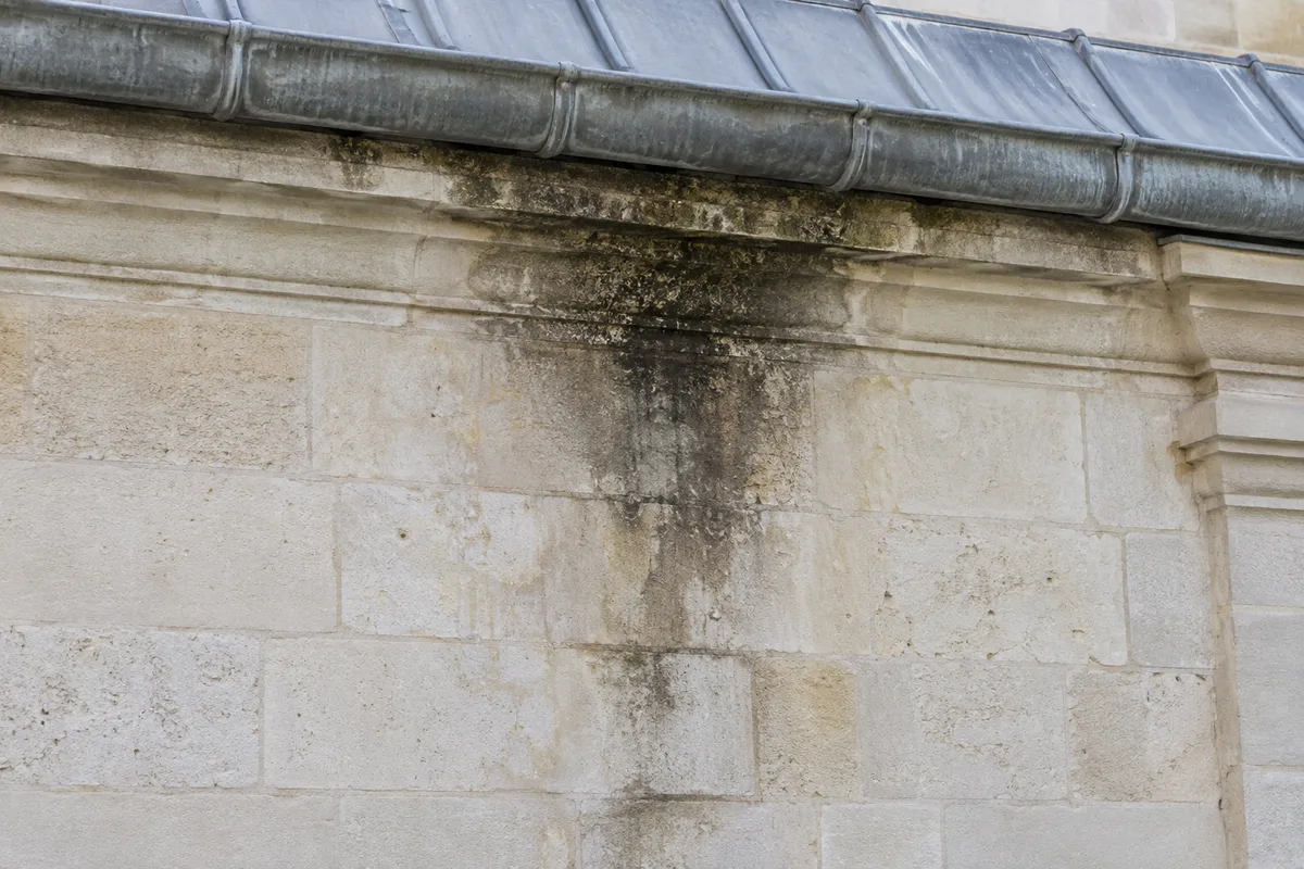 Auréole sombre d&rsquo;humidité sur un mur de pierre claire sous une corniche