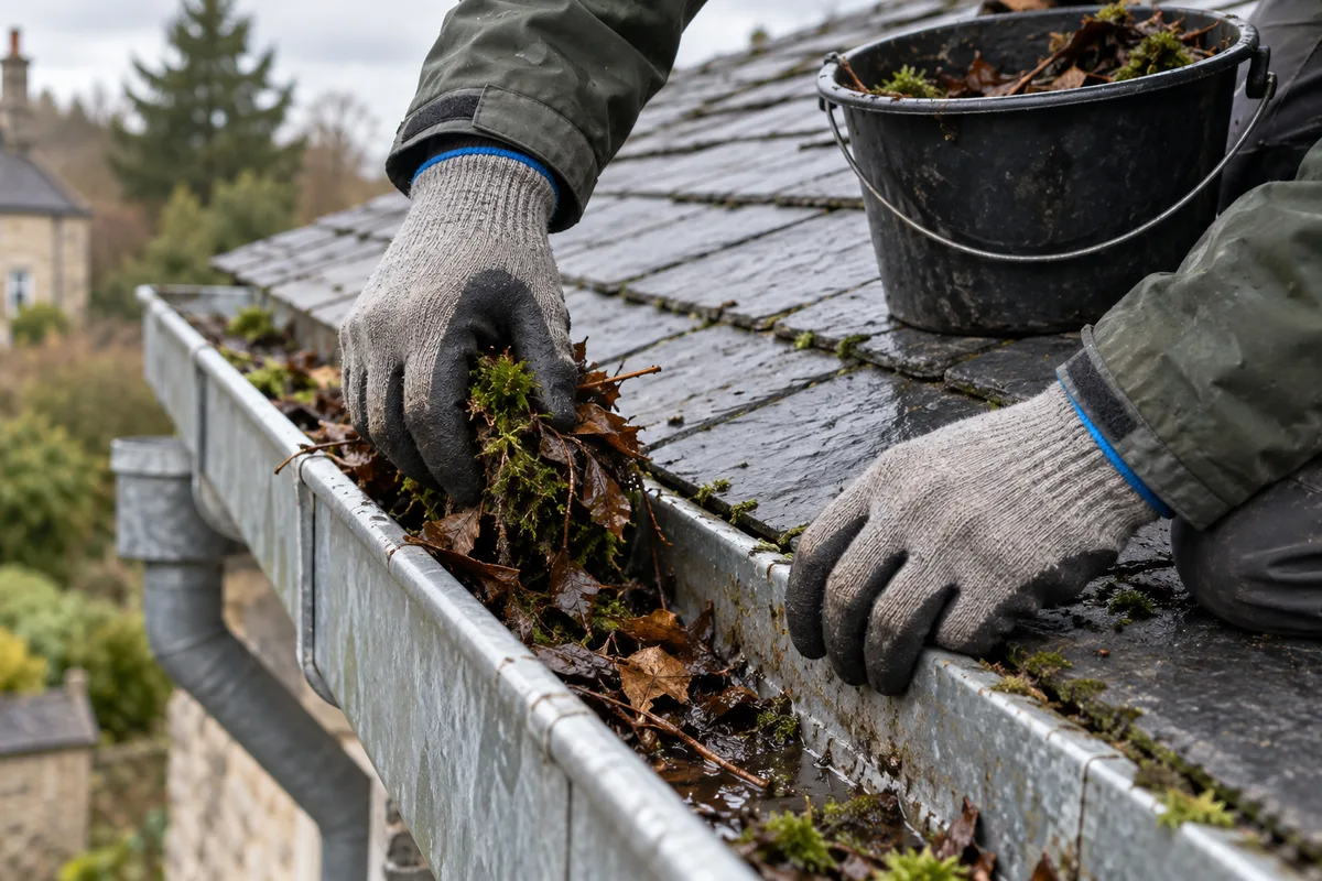 Mains gantées retirant feuilles mortes et mousse d&rsquo;un chéneau en zinc