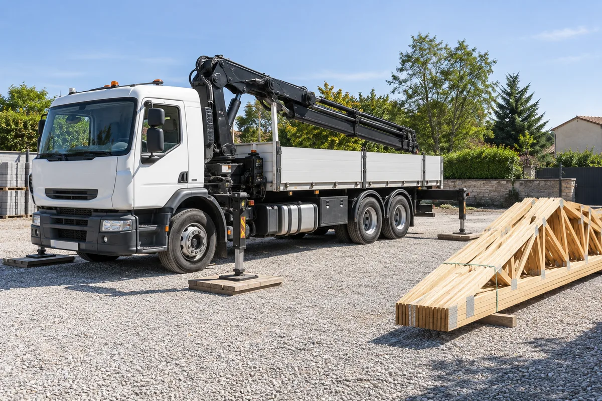 Camion-grue blanc uni, stabilisateurs déployés sur des plaques de répartition dans une cour gravillonnée, paquet de fermettes posé à côté