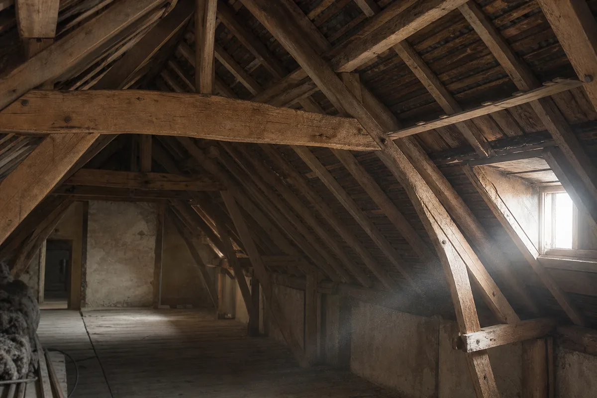 Charpente traditionnelle en chêne clair vue depuis des combles à nu sous la lumière d’une lucarne