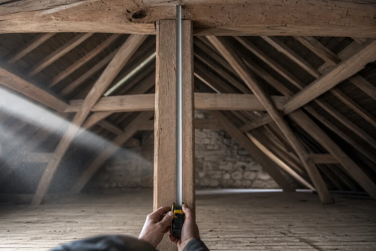 Combles non aménagés d’une maison sarthoise, charpente en chêne clair et plancher brut sous la lumière d’une ouverture de toit