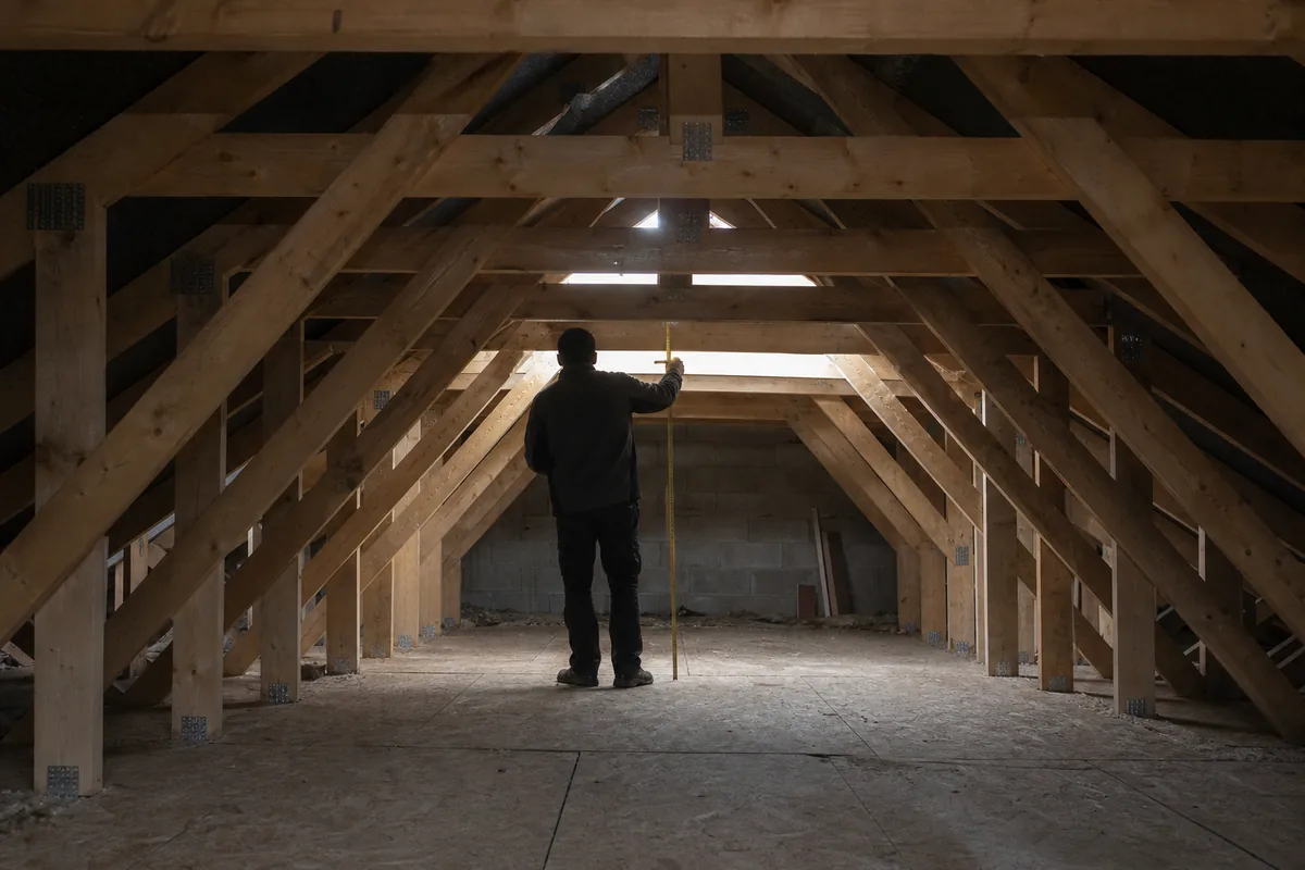 Fermettes industrielles d’un pavillon sarthois avant travaux d’aménagement des combles