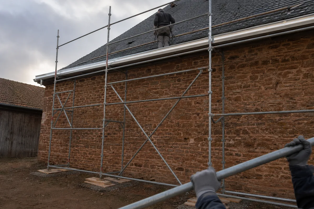 Échafaudage dressé dans une cour de ferme devant un mur de grès roussard