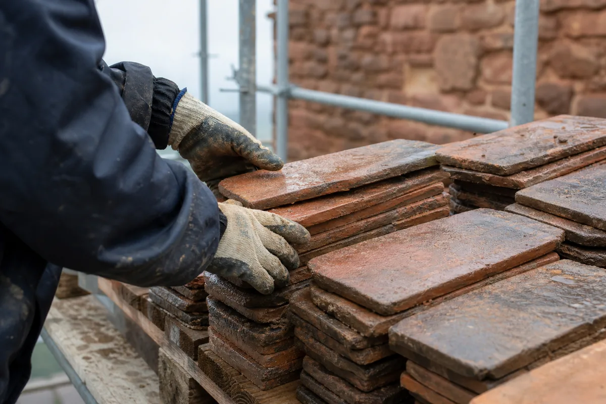 Mains gantées triant des tuiles plates de récupération sur une palette au pied d&rsquo;un échafaudage