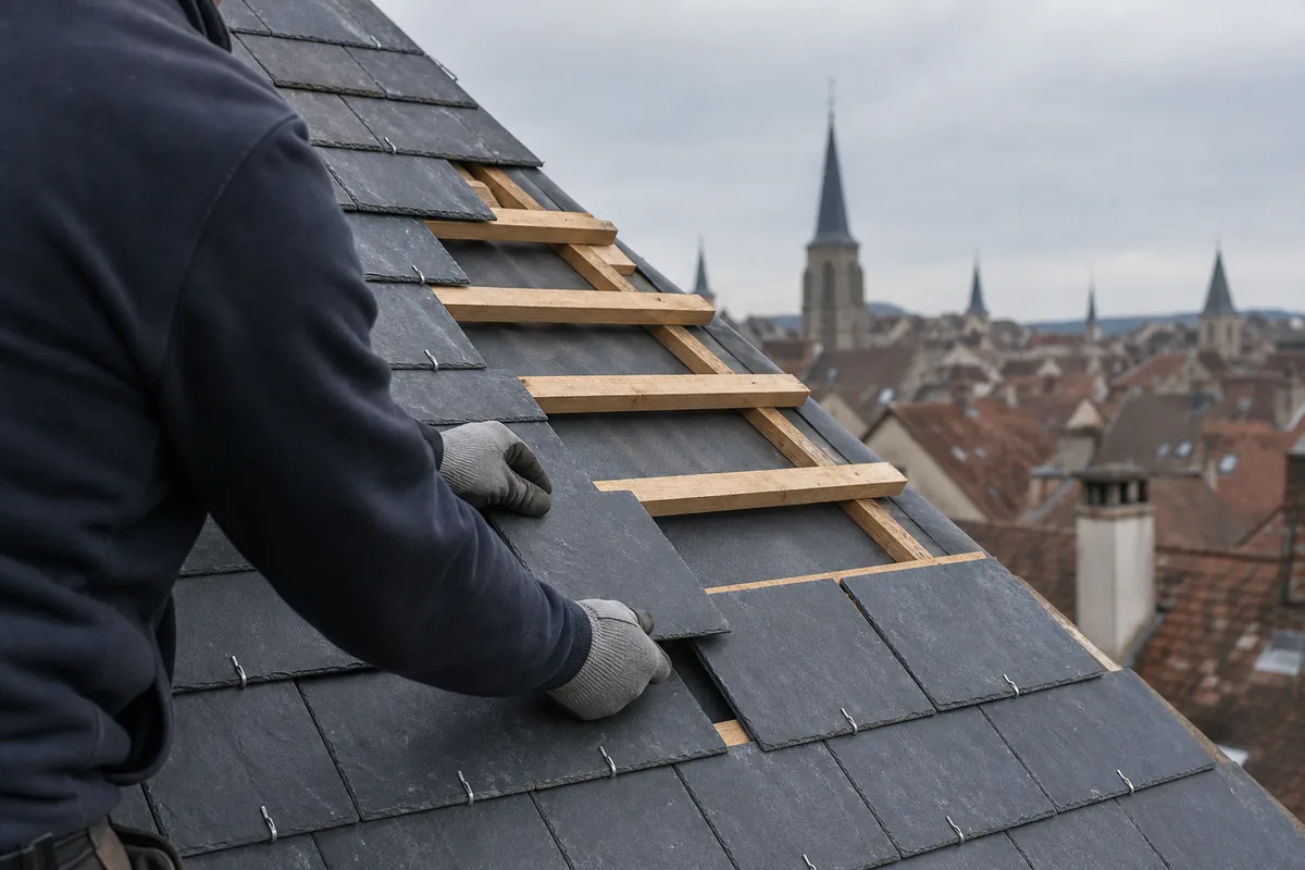 Toitures en ardoise et en tuile d’un bourg sarthois vues depuis un versant, sous un ciel gris perle