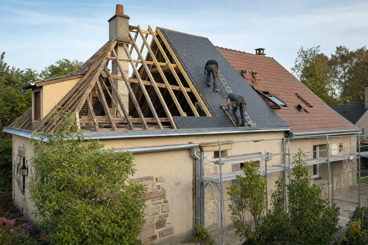 Couvreur au travail sur une toiture en ardoise d'une maison sarthoise, échafaudage en place