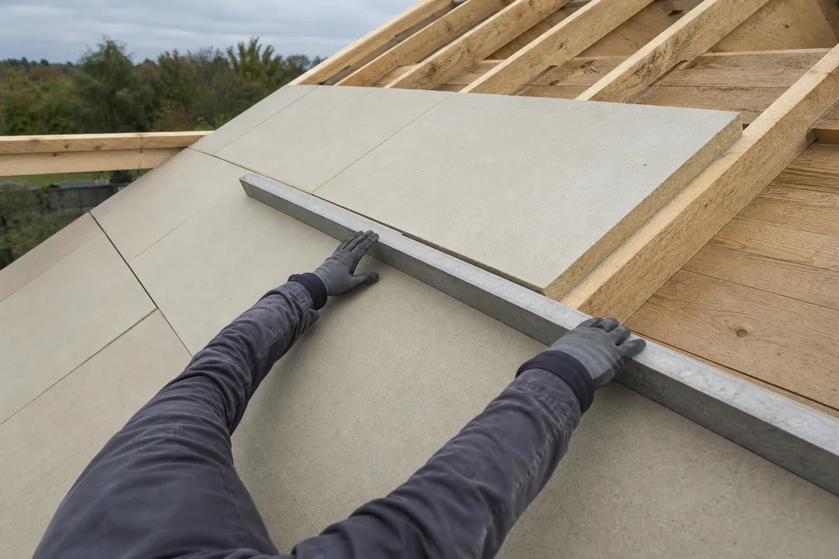 Versant de toiture déposé laissant apparaître la volige de bois clair, échafaudage dressé devant un mur de grès roussard