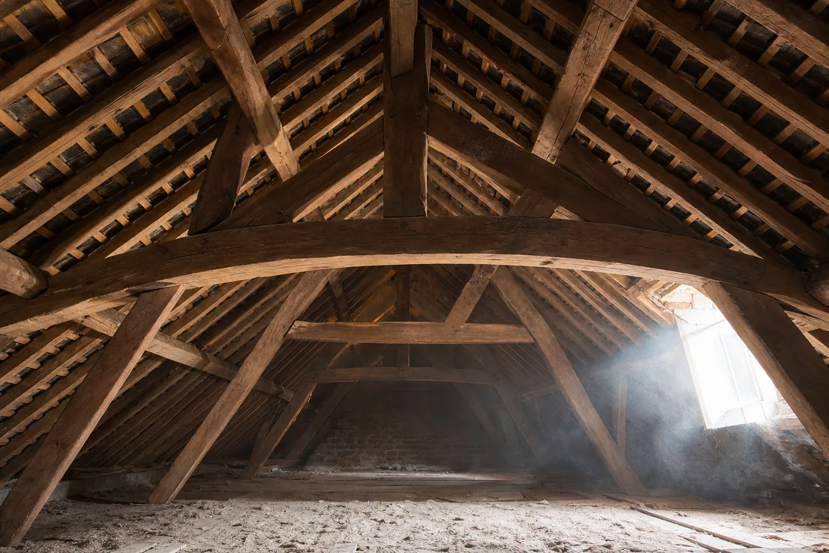 Charpente traditionnelle en chêne clair vue depuis des combles à nu, lumière naturelle par une lucarne