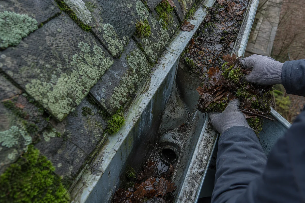 Chéneau en zinc encombré de feuilles mortes sur un versant nord couvert de mousse